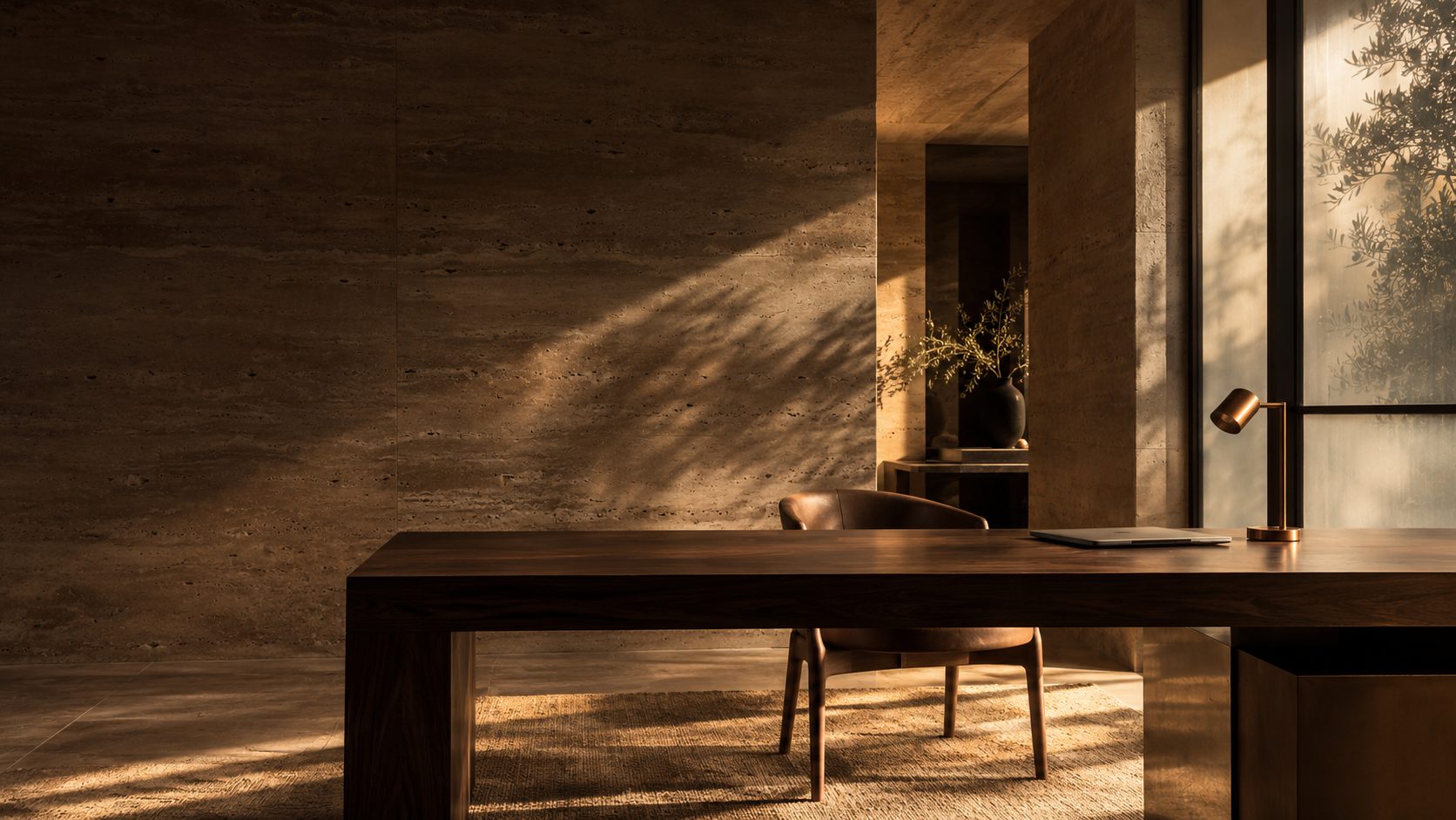 Original studio artwork: warm stone, walnut and afternoon light